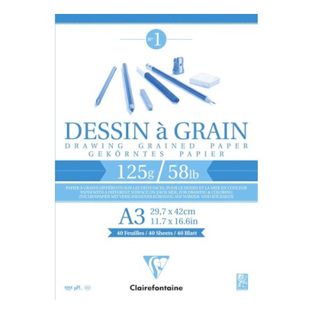 BLOCCO DISEGNO A GRANA A3 125gr. 40fg COLLATO   CLAIREFONTAINE 96682C