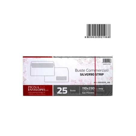 PIGNA Buste SILVER90 STRIP BIANCA internografata 11x23 con Finestra 25pz 593059AM