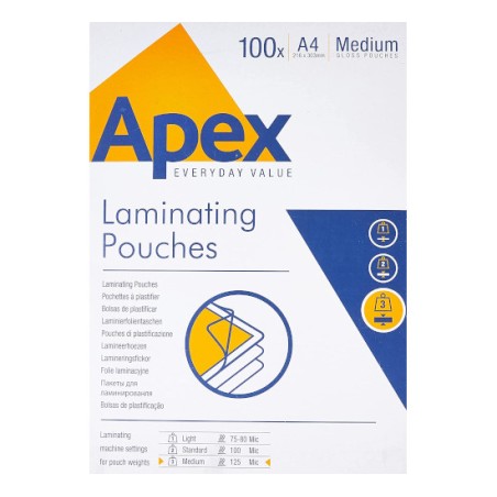 FELLOWES 100 pezzi Pouches per plastificare formato A4 125my Apex 6003501