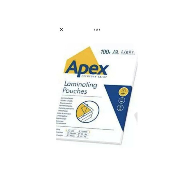 FELLOWES 100 pezzi Pouches per plastificare formato A3 75/80my Apex 6001901