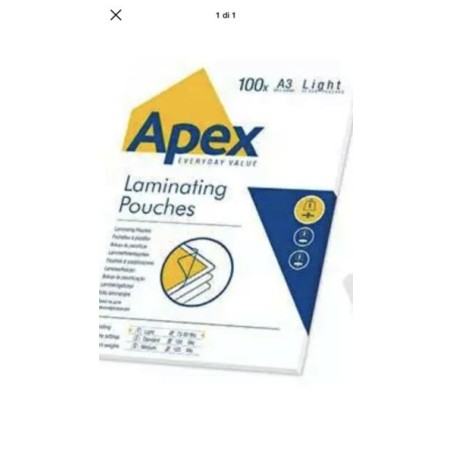 1 - FELLOWES 100 pezzi Pouches per plastificare formato A3 75/80my Apex 6001901