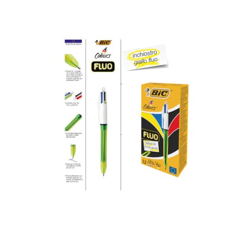 BIC Set da 12 pz Penna Biro a sfera 4 colori con Inchiostro Giallo Fluo 933948