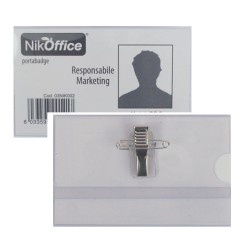 1 - NIKOFFICE Conf.50 pz Porta Badge Trasparente con Clip+Spilla 9x5,5cm  03/002