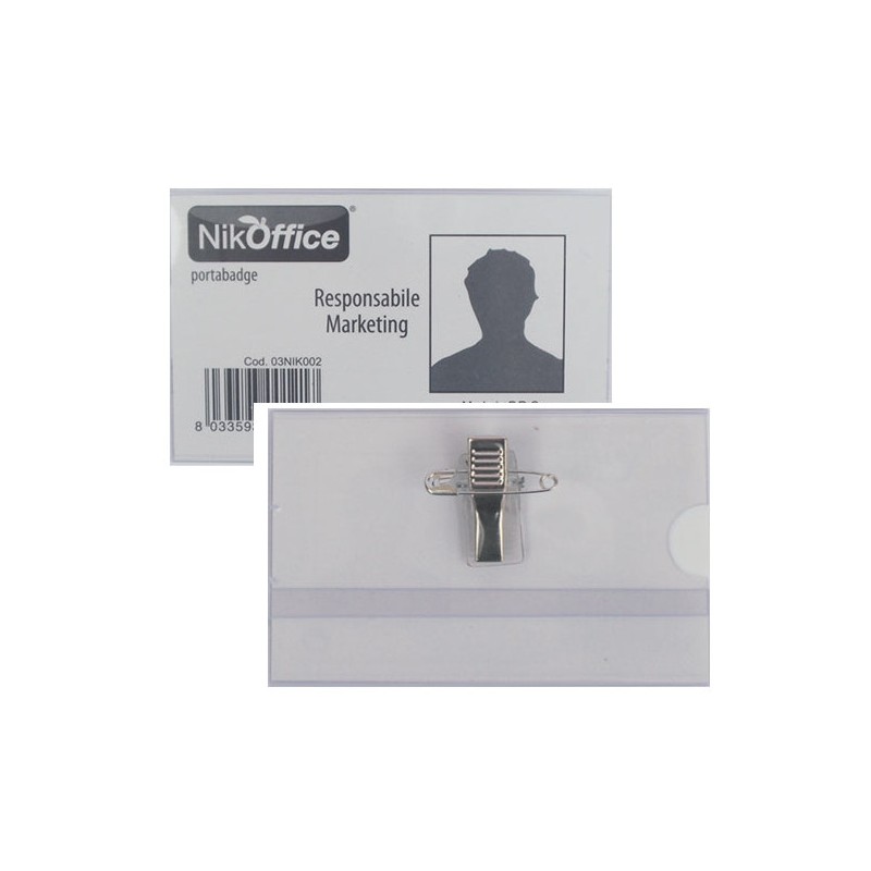 NIKOFFICE Conf.50 pz Porta Badge Trasparente con Clip+Spilla 9x5,5cm  03/002