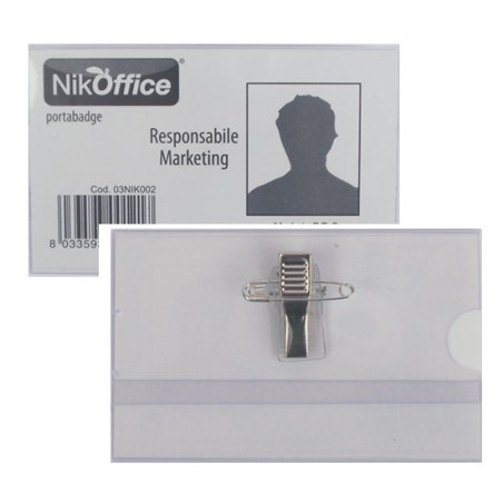 NIKOFFICE Conf.50 pz Porta Badge Trasparente con Clip+Spilla 9x5,5cm  03/002