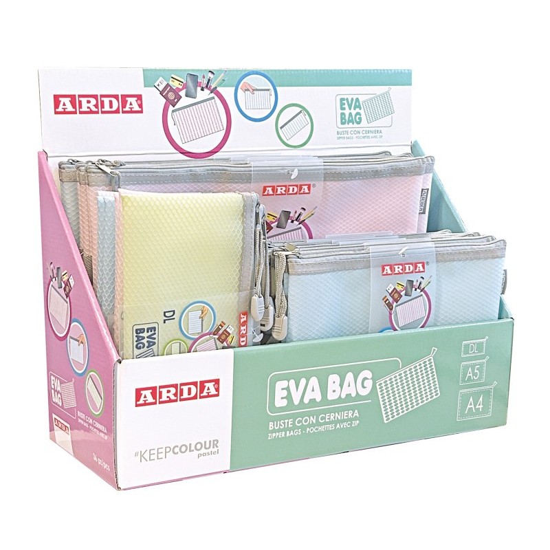 EXPO ARDA BUSTE IN EVA CON ZIP PZ.36 - 3 FORMATI colori assoritti PASTEL 0264EXP