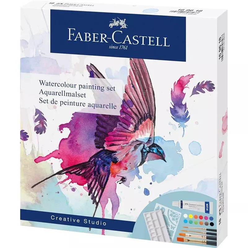 SET PAINTING SET AQUARELL FABER CASTELL 12 tempere acquerello + 4 pennelli + 1 stencil +1 vaschetta 169618