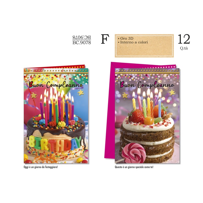 Cromo Biglietti Auguri buon compleanno cake due fantasie 12pz BC9078