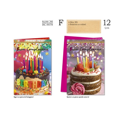 Cromo Biglietti Auguri buon compleanno cake due fantasie 12pz BC9078