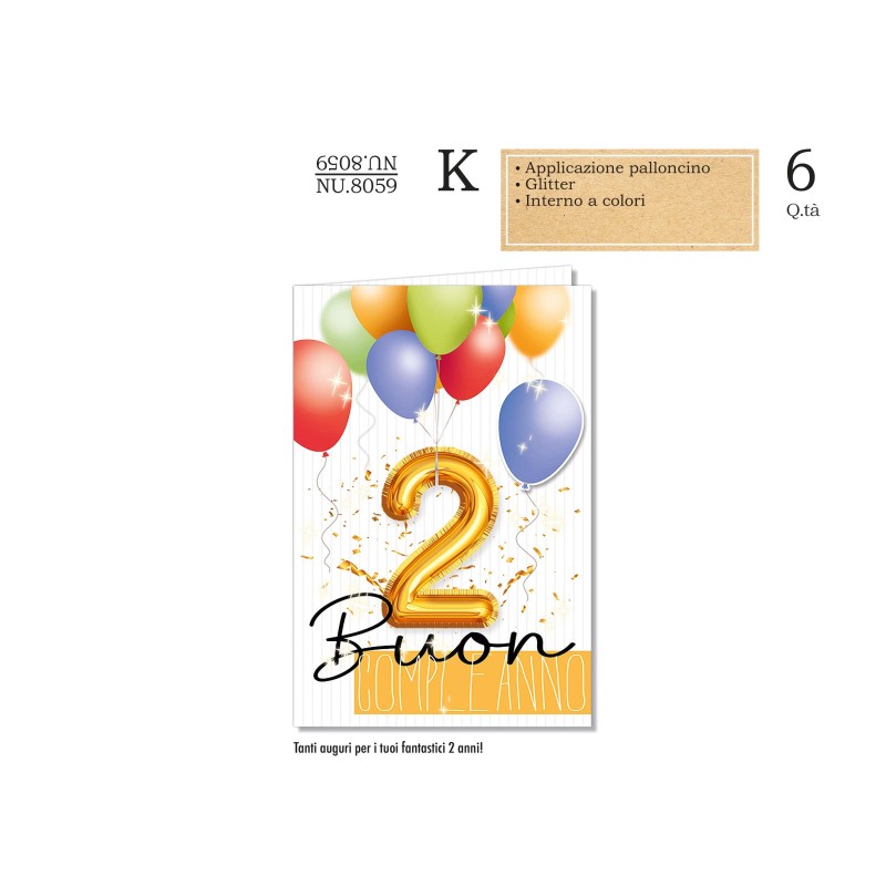 Cromo Biglietti Buon Compleanno 2 anni palloncino 6pz NU8059