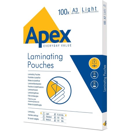 FELLOWES 100 pezzi Pouches per plastificare formato A3 75/80my Apex 6001901