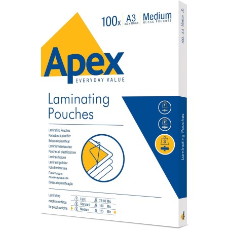 FELLOWES 100 pezzi Pouches per plastificare formato A3 125my Apex 6003401